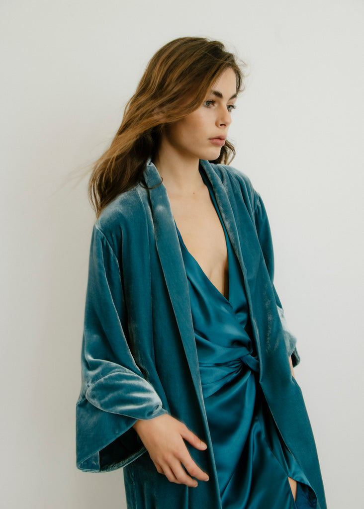 Kimono de terciopelo de Seda Azul