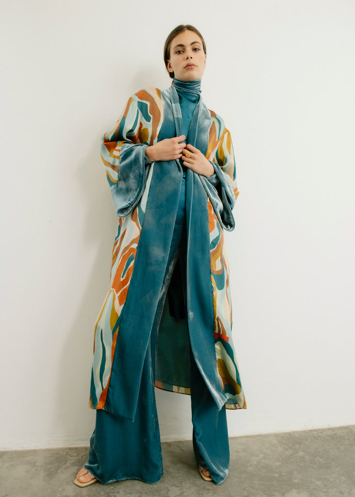 Kimono Estampado Seda Azul